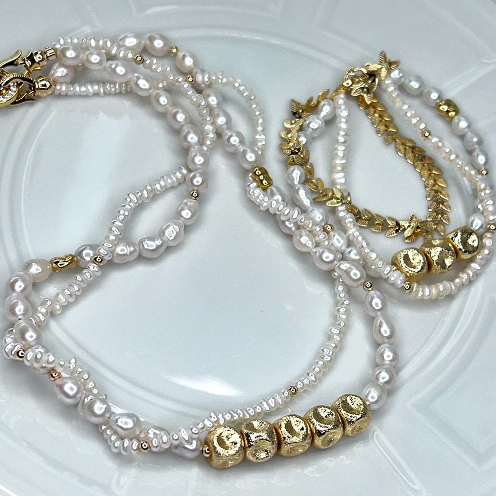 Handmade Freshwater Pearl Double Strand Gold Plated Necklace Bracelet SET - Picture 2 of 2